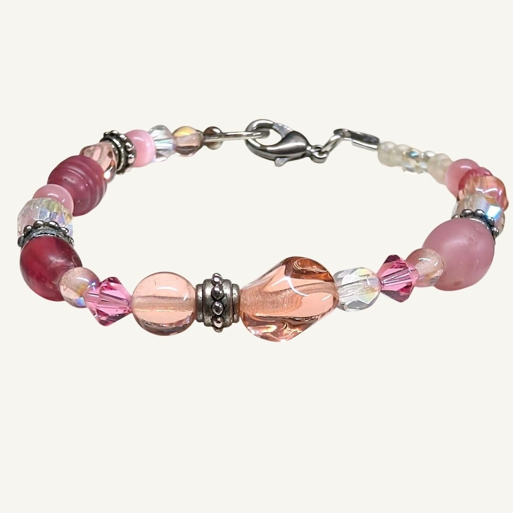 Handmade Pink Beaded Bracelet Pink Cat Eye Silver Tone Crystal Glass 8.5 Large